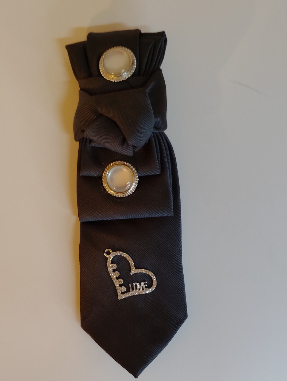 Black Satin Necktie Accent with Pearl Buttons and Heart Charm